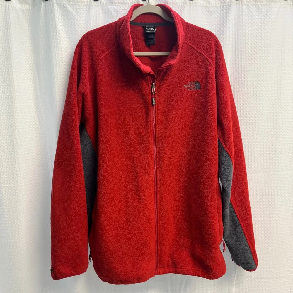 The North Face Mens XXL Red Gray Full Zip Fleece Jacket Mock Neck Cinch Hem